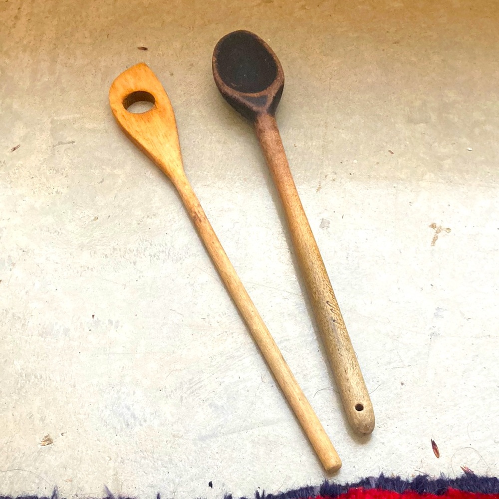 Antique well used Wooden Kitchen Spoon Set. Blank one is antique. Other- vintage